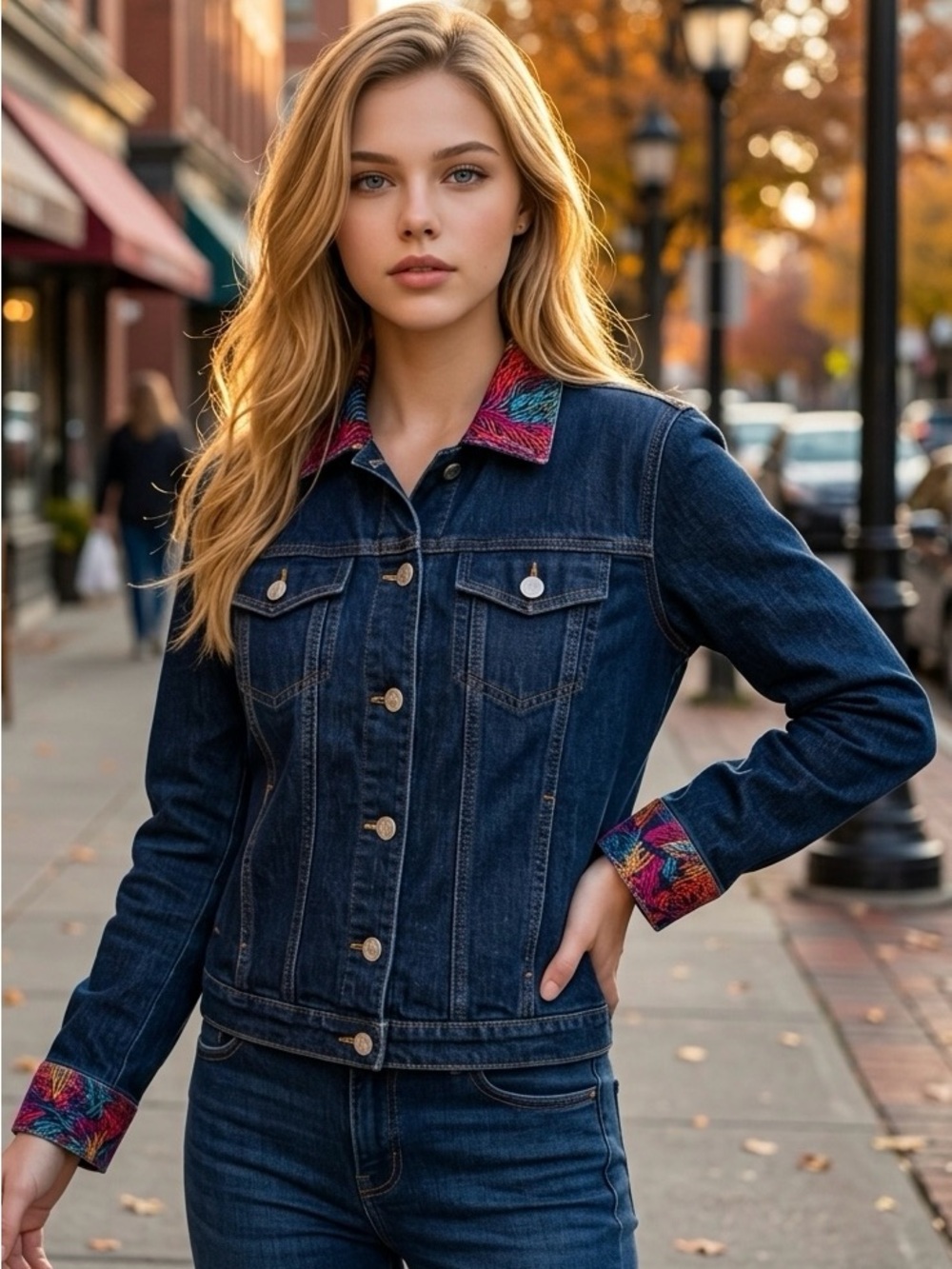 Chico's Women’s Sz 2 or L Denim Jacket embroidered Multicolor Trim flap pockets